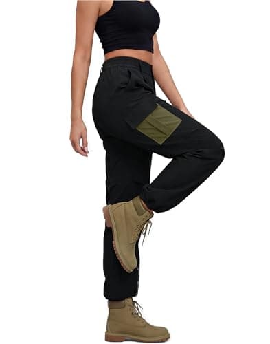 LOOKBOHO Women's Pants Summer 2026 Cargo Contrast Pockets Lightweight Travel Drawstring Casual Joggers Straight Leg Trousers Black Large - Image 1