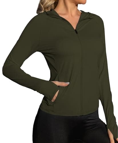 We1Fit Women's Athletic Hoodie Jacket Sun Shirt UPF 50+ UV Protection Long Sleeve Summer Clothing Workout Shirts Army Green