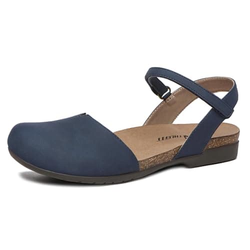 Athlefit Closed Toe Sandals for Women Comfort Cork Footbed Arch Support Flat Sandals Navy Size 5.5 - Image 1