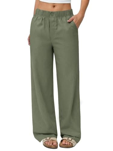 COPYLEAF Linen Pants Women Wide Leg Elastic Waist Flowy Palazzo Casual Pants with Pockets Beach Travel Trousers(Green S) - Image 1