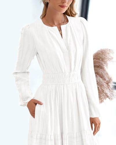 BTFBM Spring Dresses for Women 2026 Casual Long Sleeve V Neck Elastic Waist Lightweight Maxi Wedding Guest Dress Pockets(White, X-Large) - Thumbnail 6