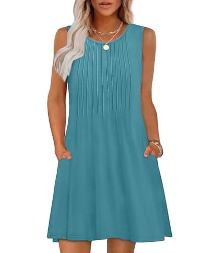 Sundresses for Women 2026 Summer Beach Vacation Sundresses Sleeveless Tshirt Pockets Swing Casual Loose Turquoise XXL - Image 1