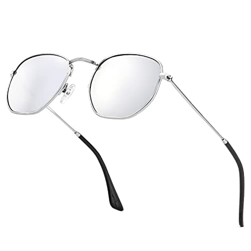 KALIYADI Sunglasses for Women and Men, Polarized Square UV Protection, Trendy Metal Frame Hexagon Sunglasses (Silver Frame Silver Lens) - Image 1