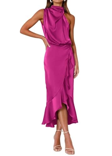 KIRUNDO Women 2026 Spring Summer Satin Mock Neck Wedding Guest Party Cocktail Midi Dress Sleeveless Wrap Ruffle Formal Dress(Rose Red, Large) - Image 1