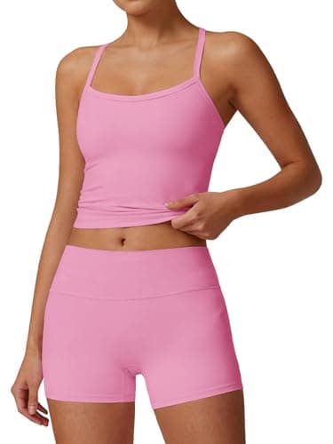 Aoysky Womens Buttery Soft 2 Piece Workout Sets High Waisted Booty Biker Shorts Halter Padded Tank Tops Pilates Athletic Sets - Image 1