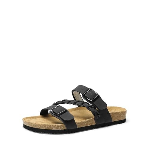 DREAM PAIRS Women's Slides Soft Cork Footbed Sandals Comfortable Walking Slip-on Flat Sandals Arch Support Adjustable Buckle Braided Straps Slippers,Size 6,Black,DWUMSS2547 - Image 1