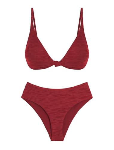 ZAFUL High Cut Bathing Suits for Women 2 Piece Bikini Sets Swimsuit High Waisted Thong Bikini Bottom Sexy Kont Front Push Up Bikini Top Wine S - Image 1