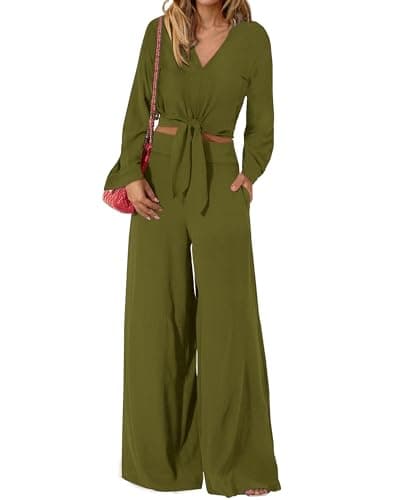 PRETTYGARDEN Women's 2 Piece Outfits 2026 Spring Fashion V Neck Long Sleeve Strappy Crop Top Wide Leg Pant Lounge Sets(Olive Green,Large) - Image 1