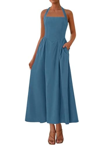 KIRUNDO Summer Dresses for Women 2026 Halter Maxi Wedding Guest Party Cocktail Semi Formal Elegant Classy Long Sundress(Grey Blue, Small) - Image 1