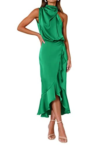 KIRUNDO Women 2026 Spring Summer Satin Mock Neck Wedding Guest Party Cocktail Midi Dress Sleeveless Wrap Ruffle Formal Dress(Grass Green, Medium) - Image 1