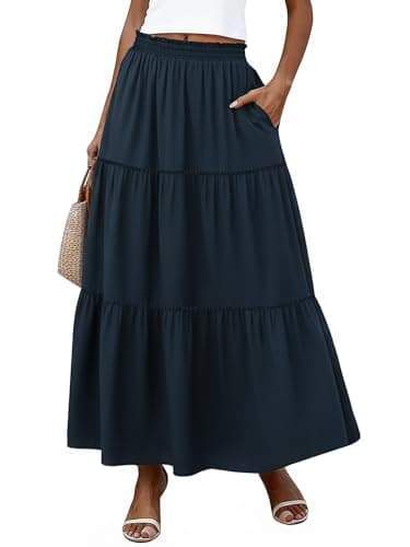Bellcoco Long Skirts for Women Maxi Spring Summer Swing Tiered A-Line Elastic High Waist Boho Flowy Skirts with Pockets Navy Small - Image 1