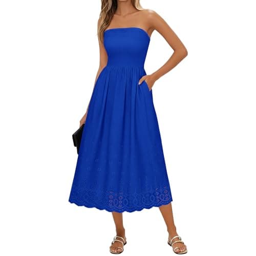 Lazysmile Summer Boho Maxi Dress for Women Strapless Tube Top Lace Trim A Line Beach Casual Long Dress Royal Blue - Image 1