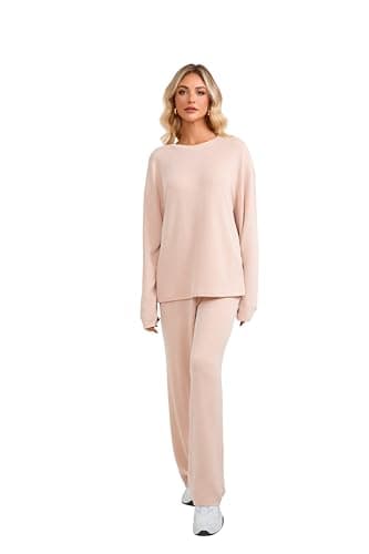 dursrove Womens Lounge Sets 2 Piece Matching Pajamas Fall Fashion 2025 Ribbed Knit Outfits Long Sleeve Casual Sweatsuits (US, Alpha, Large, Regular, Regular, Blush Pink) - Image 1