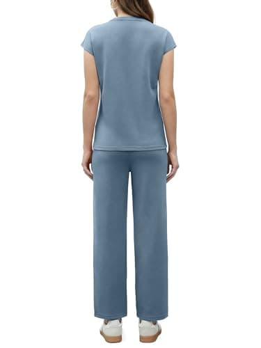 Casly Lamiit Womens Sets 2 Piece Outfits Matching Lounge Vacation Travel Set Spring Casual Cap Sleeve Tops Leisure Drawstring Crop Pants Blue Grey M - Thumbnail 4