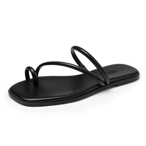 Rihero Black Slide Sandals Women Comfortable Square Toe Strappy Thong Flat Sandals Beach Dressy Slip On Flip Flops Size 10 - Image 1