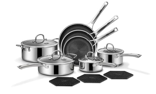 SNOWCLAD Pots and Pans Set Non Stick, 14 Pcs Hybrid Stainless Steel Cookware Sets, Non Stick Frying Pans, Saucepans, Saute Pan & Stock Pot, PFOA Free Kitchen Skillet,Induction Compatible - Image 1