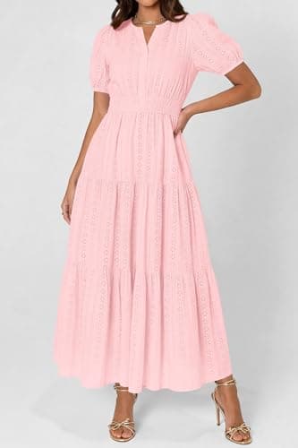 PRETTYGARDEN Womens Summer Maxi Dresses 2026 Casual Puff Sleeve V Neck Smocked Flowy Eyelet Cotton Dress Spring Sundress(Pink,XX-Large) - Thumbnail 2