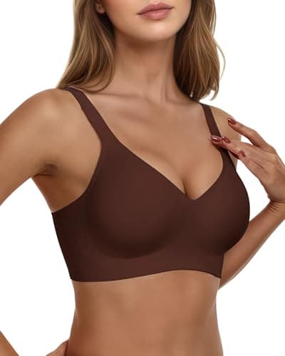 As Fairy Women's Seamless Wireless Push Up Comfort Bras V Neck Back Smoothing Bralette Full Coverage Lightly Pad Bra Coffee 36DD - Image 1