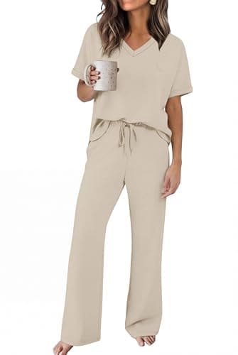 Sampeel Beach Vacation Clothes for Women Summer V Neck Short Sleeve Two Piece Sets Cruise Travel Outfits Comfy Loungewear Plus Size Spring Clothes Resort Wear Women's Clothing Beige XL - Image 1