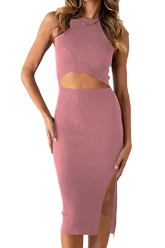 PRETTYGARDEN Women's Summer Midi Bodycon Dresses Casual Crew Neck Side Slit Sleeveless Knit Cut Out Tank Top Dress (Pink,Large) - Image 1