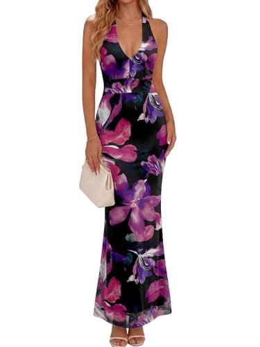 Prinbara Womens Halter Neck Bodycon Maxi Dresses Summer Floral Mesh Formal Elegant Wedding Guest Cocktail Party Long Dress Purple Floral X-Large - Image 1