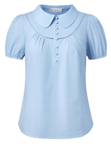 Belle Poque Short Puff Sleeve Blouses for Women Peter Pan Collar Dressy Work Shirts Summer Cotton Tops Blue XXL - Image 1