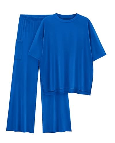 KIRUNDO Lounge Sets for Women 2025 Casual Summer Oversized Short Sleeve Shirts Tops and Wide Leg Pants Sets Postpartum Lounge Set(Royal Blue, Small) - Image 1