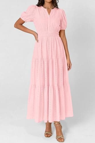 PRETTYGARDEN Womens Summer Maxi Dresses 2026 Casual Puff Sleeve V Neck Smocked Flowy Eyelet Cotton Dress Spring Sundress(Pink,XX-Large) - Thumbnail 6