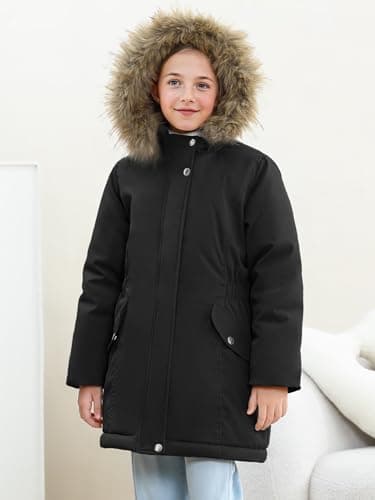 XMWEALTHY Girls Winter Coat Kids Warm Long Puffer Jacket Hooded Down Parka Padded Fleece Snow Outerwear Black 11-12Y - Thumbnail 3