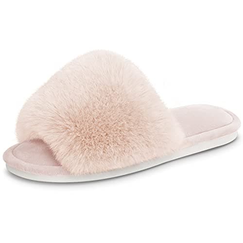Parlovable Women's Faux Fur Slippers Fuzzy Flat Spa Fluffy Open Toe House Shoes Indoor Outdoor Slip on Memory Foam Slide Sandals Beige 7-8 - Image 1