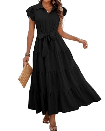 dowerme Women Summer Dress 2025 Cap Ruffle Sleeve V Neck Button Up High Waist Belted Tiered Boho Flowy Long Sun Dresses(Black,XX-Large) - Image 1