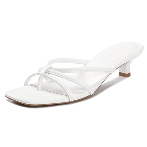 Athlefit White Kitten Heels for Women Strappy Flip Flop Low Heels Square Toe Comfortable Dressy Thong Sandals Size 8 - Image 1