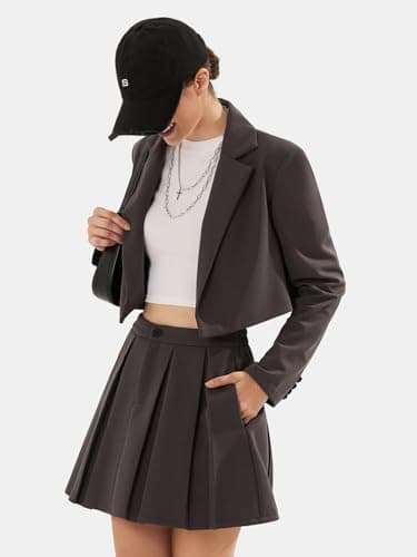 EXLURA Women's Long Sleeve Blazer Suit Sets with Pleated Mini Skirt Fall 2 Piece Outfits Trendy Y2K Fashion Clothes Dark Grey - Thumbnail 4