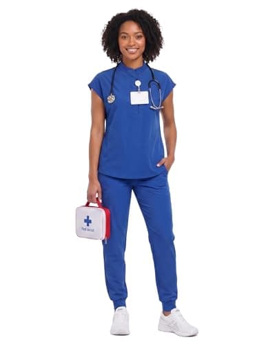 VECARDI Women's Scrub Top Zip Front Stretch Short Sleeve Nurse Uniform Shirt with Pockets Badge Loop Royal Blue - Thumbnail 6