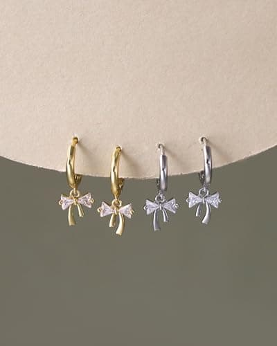 Dangle Earrings for Women 14K Gold Plated Cubic Zirconia Hoop Earrings Dainty Bow Diamond Drop Earring Wedding Jewelry for Brides - Thumbnail 6