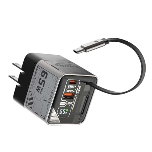 MFish 65W GaN Fast Charger with Built‑in 2.6ft Retractable USB‑C Cable, USB‑C & USB‑A Wall Charger for iPhone, iPad, MacBook, Samsung Galaxy & More (Space Silver) - Image 1