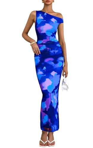 PRETTYGARDEN Off The Shoulder Floral Summer Dresses for Women 2026 Trendy Sleeveless Ruched Bodycon Wedding Guest Dress (Floral Purple Blue, Medium) - Image 1