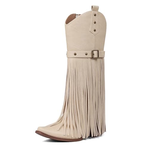 Grakihily Fringe Cowgirl Boots for Women Retro Square Toe Side Zipper Block Chunky Heel Tassel Country Concert Outfits Mid Calf Western Cowboy Boots,Beige Size 8 - Image 1