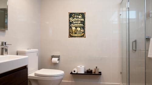 Bathroom Break Champions Vintage Metal Tin Sign 8x12 Inch Funny Toilet Humor Wall Decor Rustic Retro Bathroom Plaque Long Sits High Scores Sign for Restroom Man Cave Home with Pre Drilled Holes - Thumbnail 4