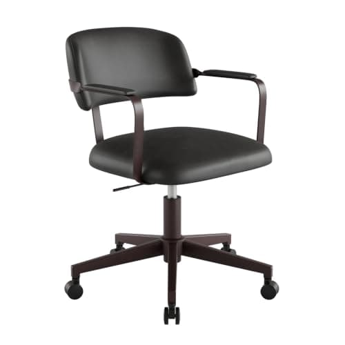 BERYTH Home Office Desk Chair, Mid-Century Modern Desk Chair with Padded Arms, Adjustable Seat Height, Mid Back 360° Small Computer Chair with Mobile Mute Wheel, PU Leather (Dark Grey)