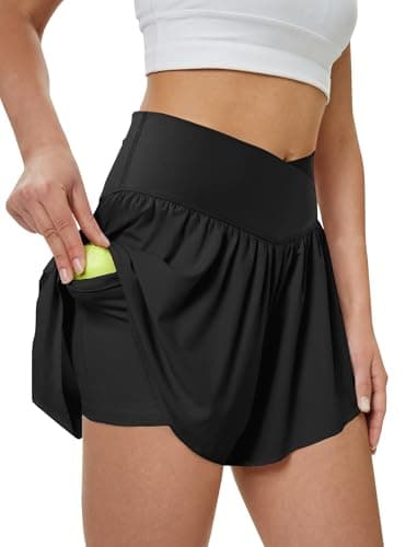 DLOODA Women's Athletic Running Shorts with Pockets Crossover Butterfly Flowy Shorts Cute Summer Skorts (Black XS) - Image 1