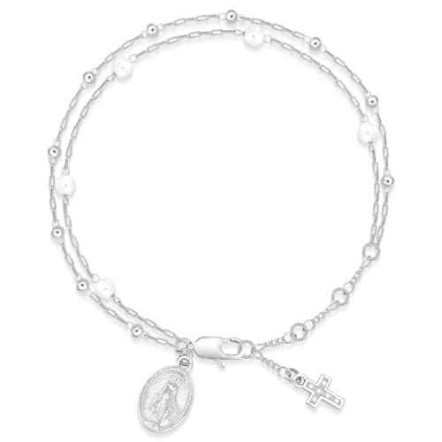 Virgin Mary Cross Bracelet for Women - 14K Gold Plated Double Layer Pearls Rosary Chain Bracelet, Dainty Cubic Zirconia Crucifix Link Bracelet, Religious Christian Faith Jewelry Gift for Her (Silver) - Image 1