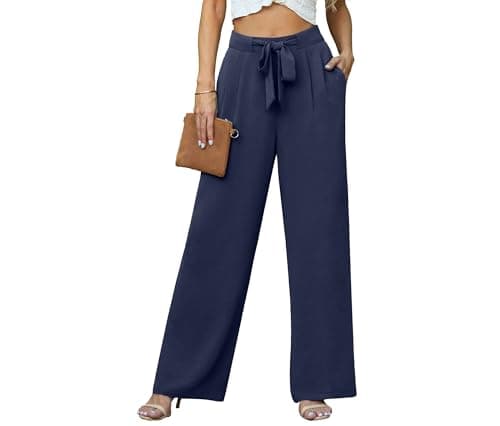 Lepunuo Work Business Casual Palazzo Pants High Waisted Wide Leg Pants Tie Knot Lounge Trousers Pants with Pockets A - Navy Blue - Image 1