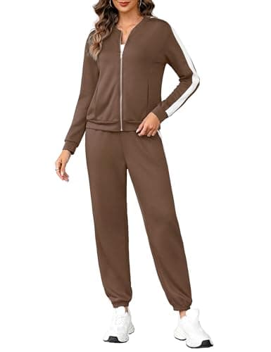 Totatuit Lounge Sets for Women 2 Piece Outfits Sweatsuit Fall Zip Up Sweatshirts Jogger Matching Sweat Set Tracksuit Brown Small - Image 1