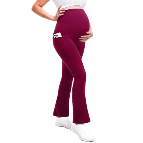 Leafigure Maternity Flare Leggings with Pockets Over The Belly Yoga Pants for Workout Soft Pregnancy Activewear Burgundy S - Image 1