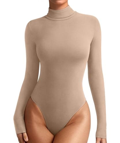 REORIA Womens Winter Turtleneck Long Sleeve Tight Shirts Going Out Basic Slim Fit Thong Body Suit Tops Fall Clothes Light Taupe X-Large - Image 1