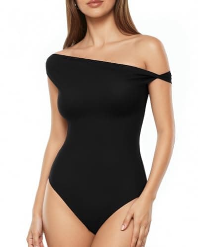 MANGOPOP Women's Off The Shoulder Double Lined Bodysuit Versatile Thong Body Suit Going Out Summer Trendy Tops Black, X-Large - Image 1