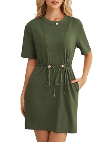 Kikibell Womens Vacation Dresses Crew Neck Sweatshirt Mini Dress with Pockets Short Sleeve Casual Outfits Army Green XL - Image 1