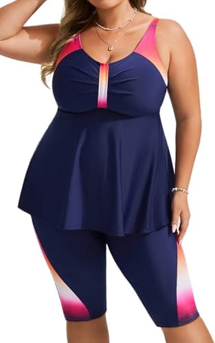 Hanna Nikole Two Piece Tankini Swimsuit for Women Loose Fit Swimming Suit Flowy Swim Tank Top with Boyshorts Navy＆Pink Gradient L - Image 1