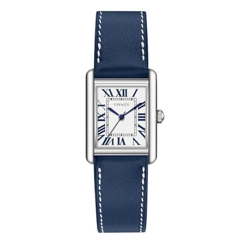 VXFAIZY Rectangular Watch for Women with Vintage Roman Number and Leather Strap (Blue Silver) - Image 1